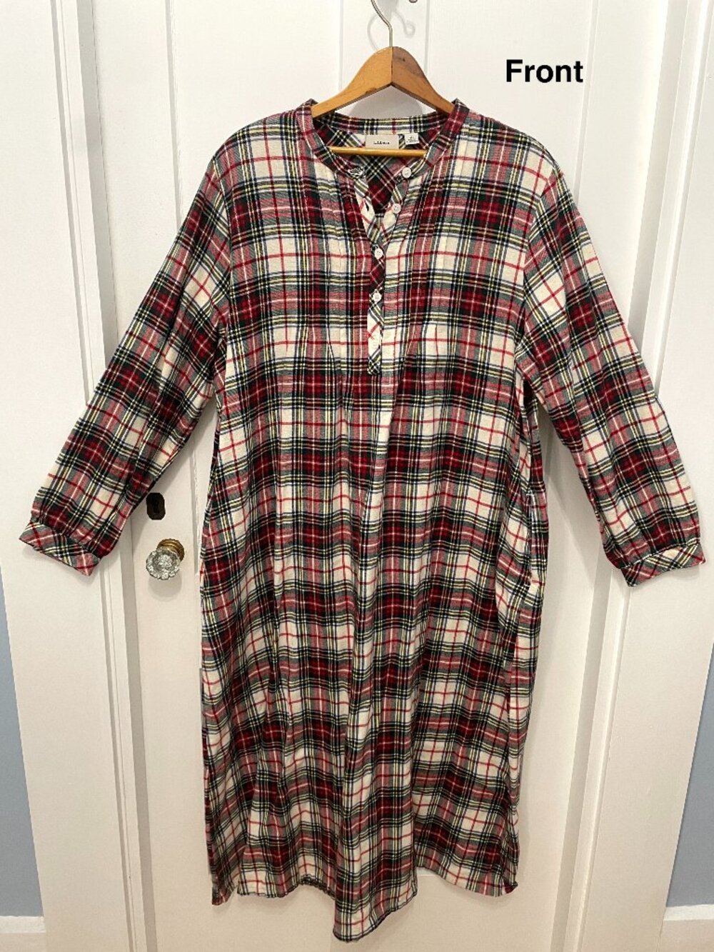 LL Bean Long Pintuck Red Plaid Tartan Flannel Nightgown ~ L Petite ~ EUC